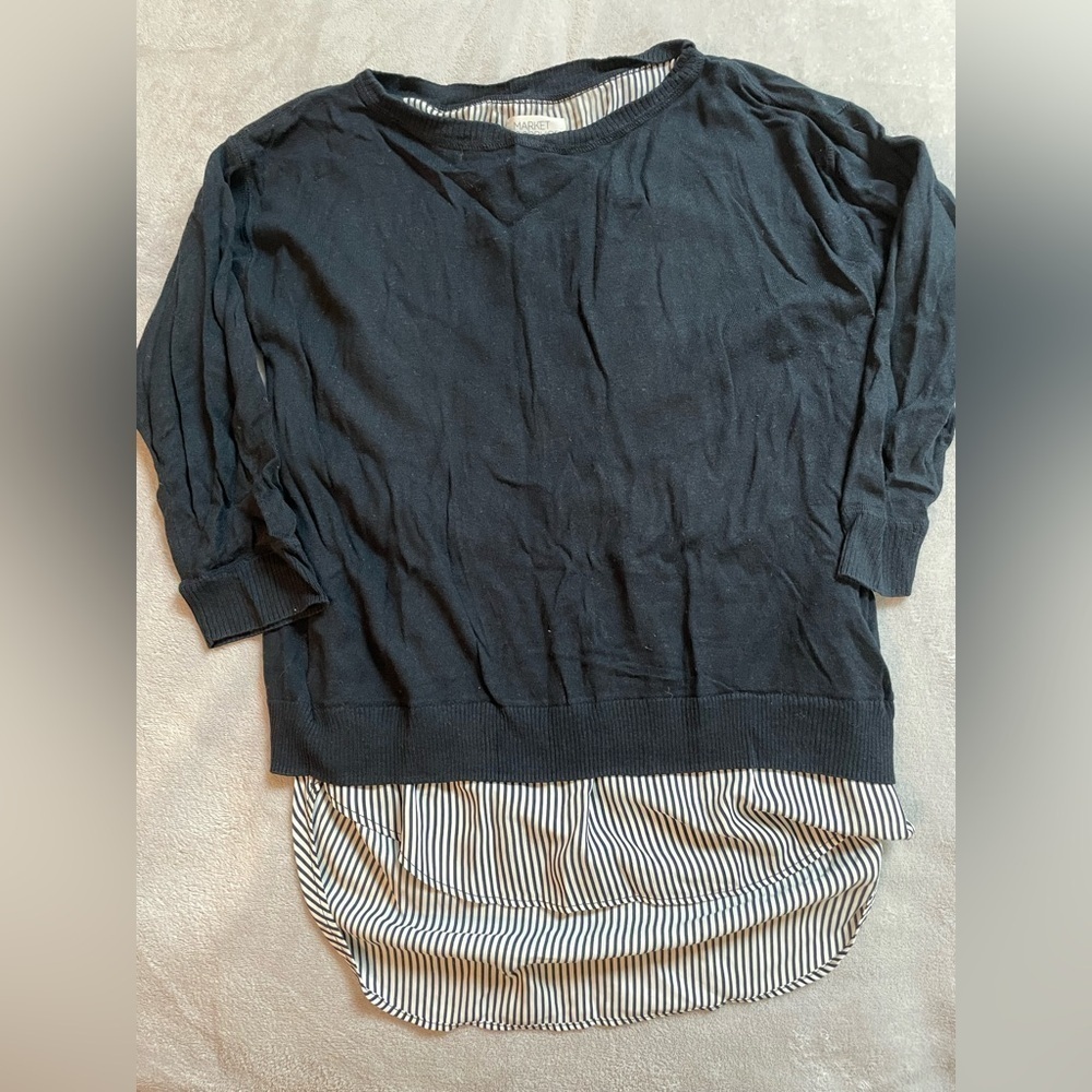 Market & Spruce Navy Sweater with Layered Mixed Material Design